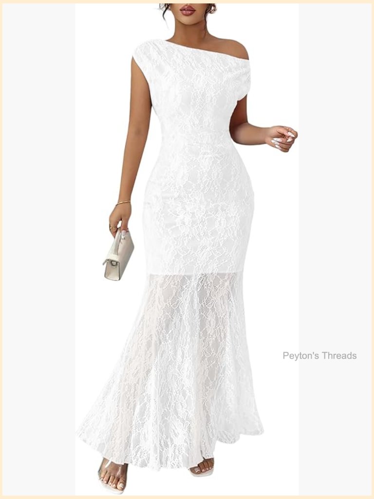 One Shoulder Bodycon Mesh Cocktail Maxi Dress With Lace Floral Textured